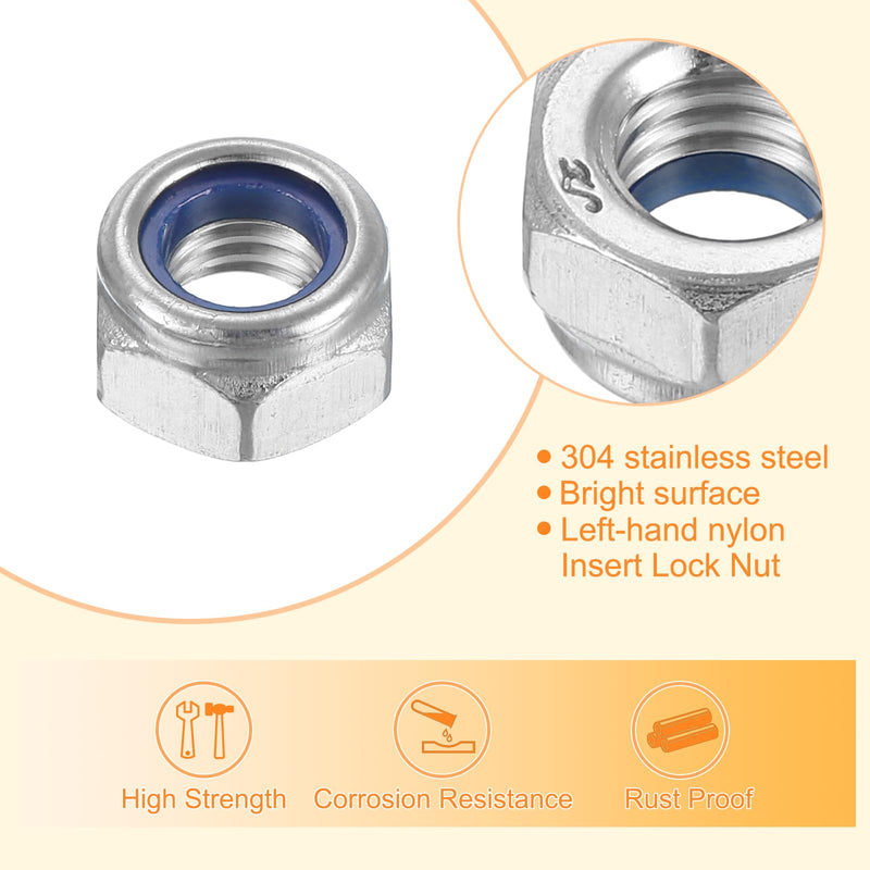 uxcell Left-Hand Lock Nuts, M8x1.25mm 304 Stainless Steel Thread Hex Nylon Insert Lock Nut for Assembling and Fastening, Silver 10pcs