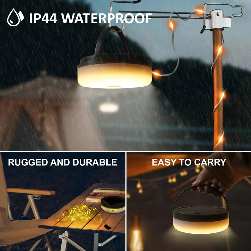 2-Pack Solar Camping String Lights, 39.4FT Portable Waterproof Camping Light with 8 Lighting Modes, Solar Powered and USB Rechargeable Tent Lantern with Remote Control for Camping, Garden and Hiking 2 Pack