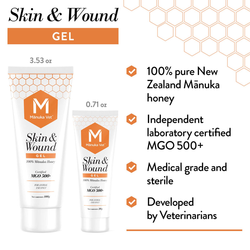 Manuka Vet Skin & Wound Gel, 500+ MGO Medical Grade Manuka Honey, Rapid Healing & Skin Repair Treatment for Dogs, Horses and Cats, 0.71oz (20g) Tube Small Tube 0.71 oz - PawsPlanet Australia
