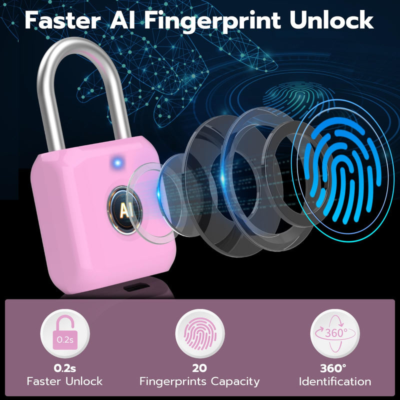 Fingerprint Padlock,Smart Padlock with APP Unlock,Fingerprint Locker Lock,USB Rechargeable for Gym Locker,Locker, School,Storage, Luggage Pink