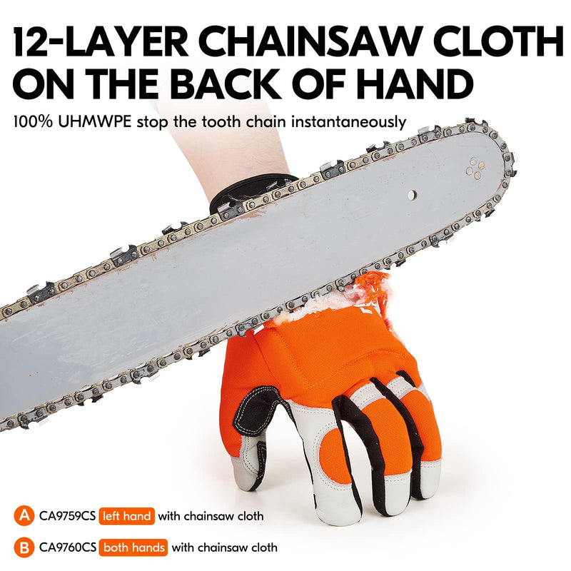 Vgo... Chainsaw Gloves,12-Layer Saw Protection on Left/Both Hand Back,Cow Leather Gloves,Touchscreen Large(Pack of 1) Orange-both Protection