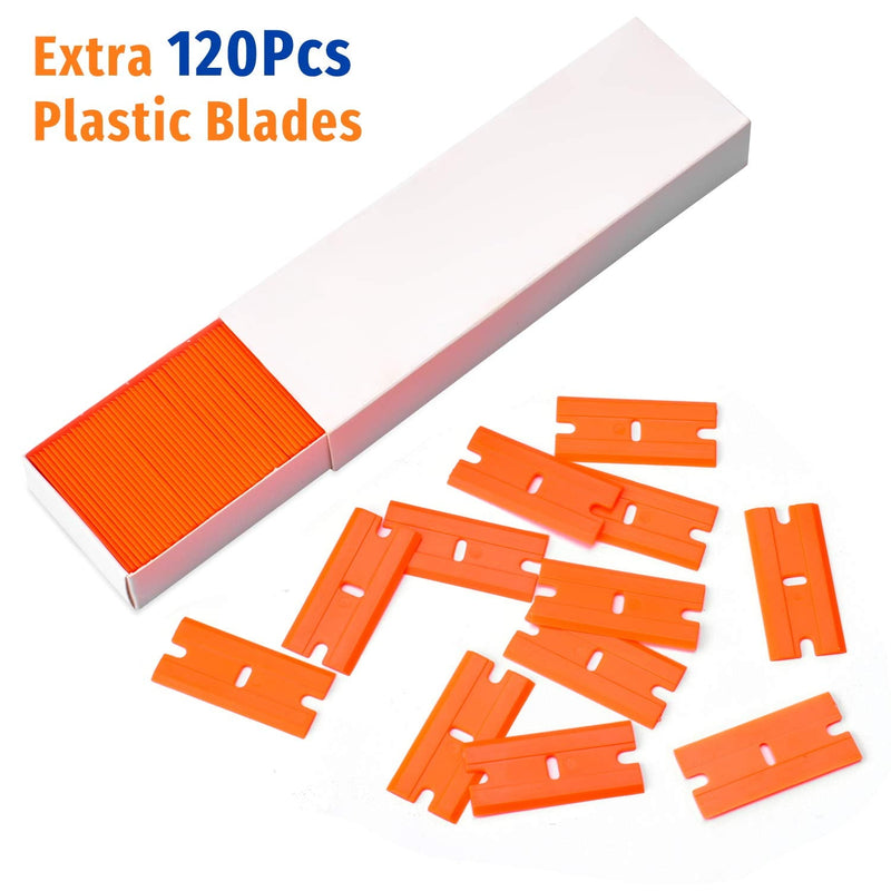Plastic Razor Blade Scraper, 2 Pack Razor Scraper with 120 Pcs Razor Blades for Removing Glue, Sticker, Decals, Tint from Car Window and Glass(Blue) Blue-2PCS
