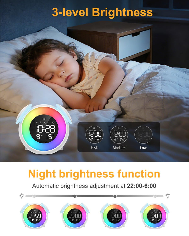 Kids Alarm Clock, Toddler Sleep Training Clock, OK to Wake Alarm Clock with 9 Colors Night Light, 7 Soothing Sounds, Dual Alarms, Birthday Gift for Boy Girls Children