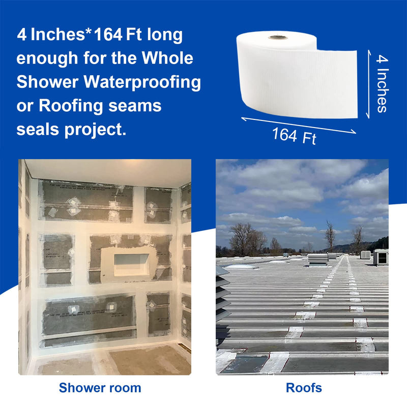 2 Pack 4 Inches x 164 Feet Waterproofing Membrane Anti Fracture Fabric, Reinforcing Water Barrier Drywall Mesh Tape, Liquid Waterproof Membrane Fiberglass Tape for Shower Wall,Seam 2 Pack 4 Inches x 164 Feet (328ft total)