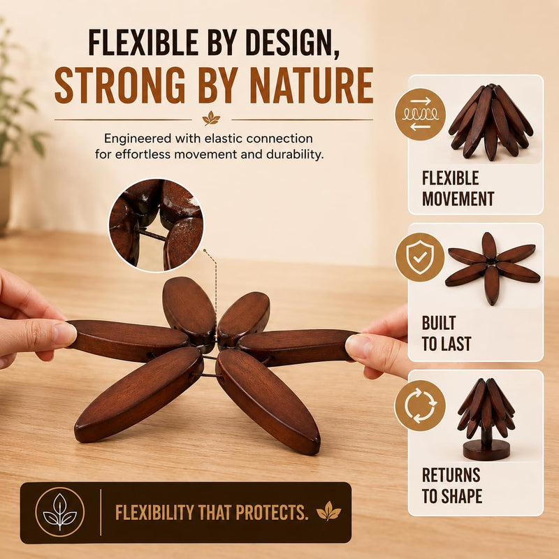 Wooden Trivet - Wooden Trivets for Hot Dishes - Tree Shaped Wooden Trivet - 4 Wooden Trivets with 1 Stand - Space-Saving Coaster Tree for Pots, Pans, Serving Dishes, Tables & Counters