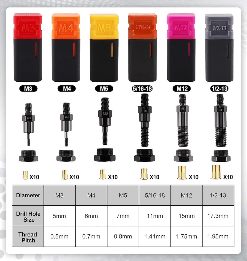 Rivet Nut Tool Mandrel 1/2-13 and 10 PCS Rivet Nuts, Rivet Tool Set Spare Part, Nutsert Tool Accessories Set Compatible with RZX/Astro Riveters SAE-1/2-13
