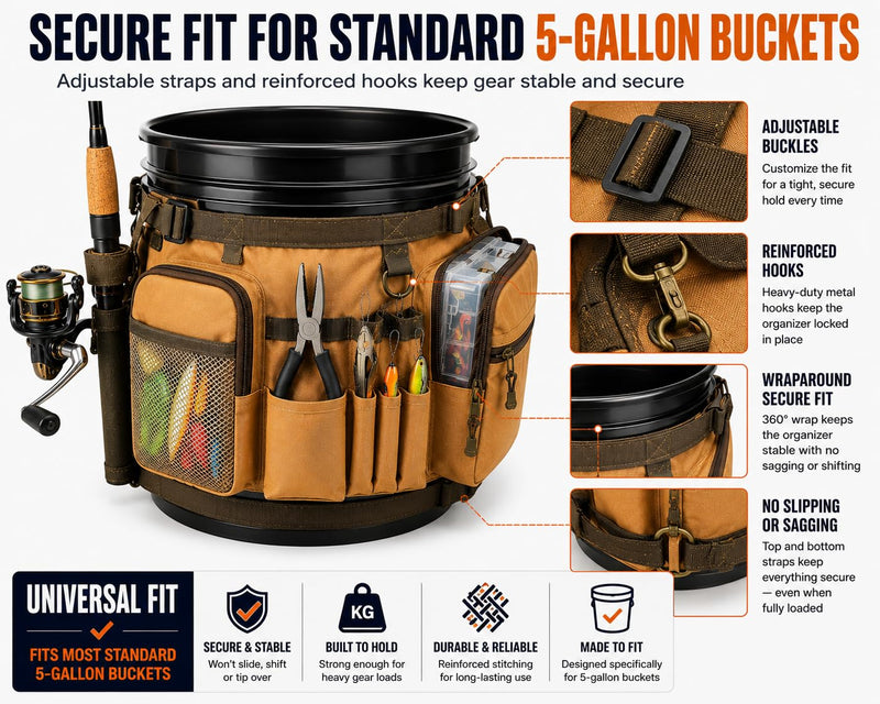 Katai Fishing Bucket Organizer for 5-Gallon Bucket – Heavy-Duty Water-Resistant Tackle Bag with Rod & Pliers Holders – Adjustable Straps & Multi-Pocket Design