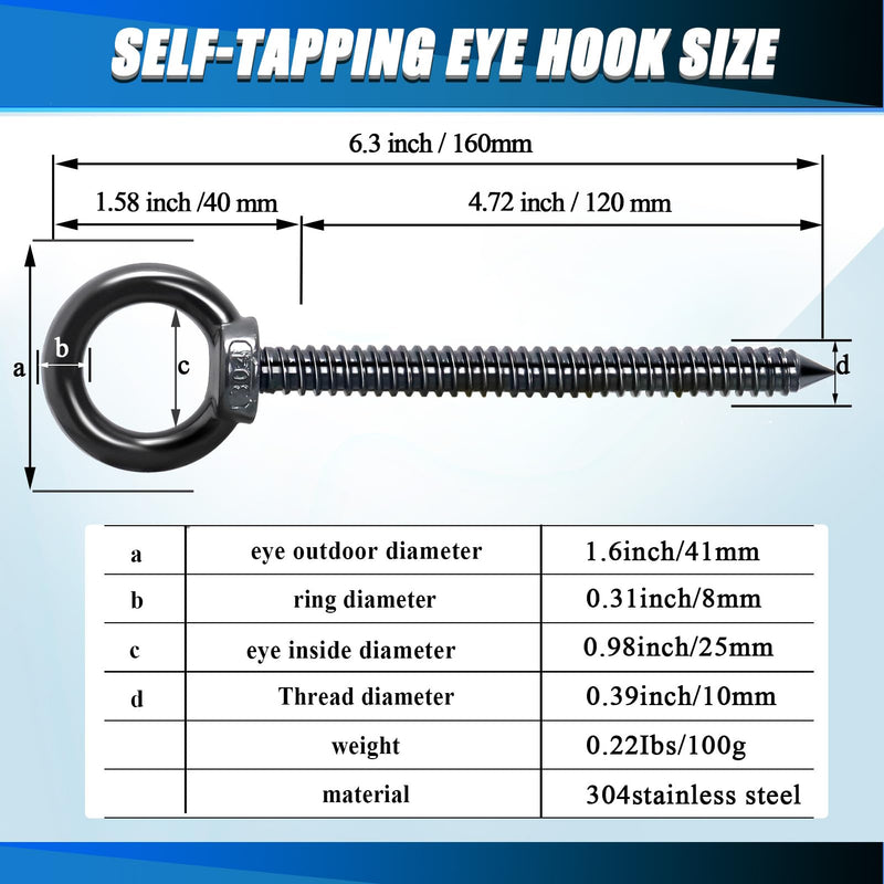 OHIYO 6.3 Inch Heavy Duty Eye Hooks M10 Self Tapping Eyelet Screw Load Capacity 850 LBS Heavy Duty Screw in Eye Hooks for Hammock Stand, Swing Chair, Yoga, Heavy Indoor & Outdoor Uses (Black) Black