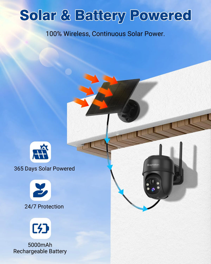 Septekon 2K Solar Security Cameras Wireless Outdoor, 360°PTZ Battery Powered Outdoor Camera, 2.4G WiFi Camera with Spotlight Color Night Vision, Motion Sensor Alarm, IP66, Black