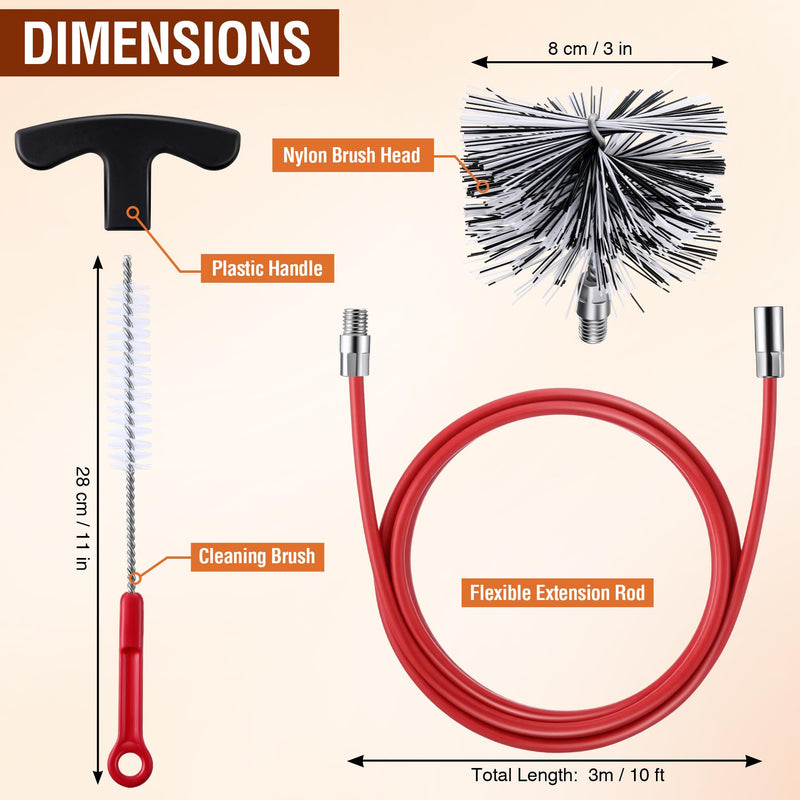3 Inch Pellet Stove Pipe Cleaning Brush Kit, 10 FT Flexible Steel Rod 3" Brush Head