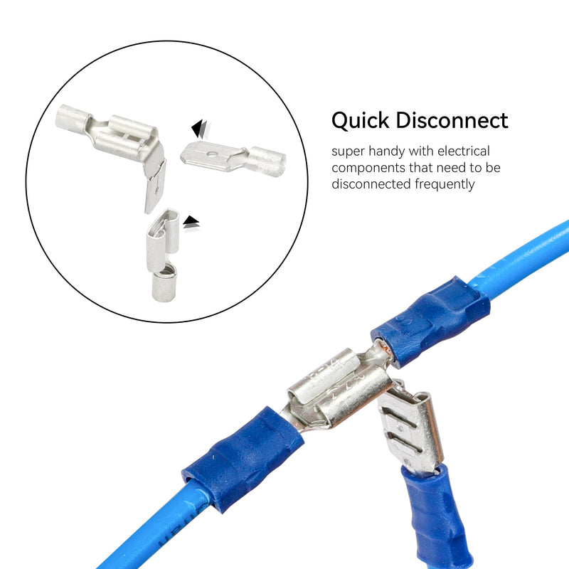HKS 150PCS Piggyback Vinyl Insulated Spade Connector Blue 16-14 AWG - 6.3mm 1/4" Electrical Quick Disconnect Wire Connectors Kit - Tinned Copper PVC Terminals