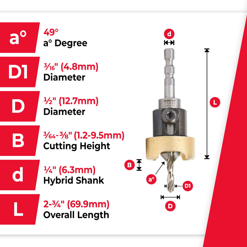 Amana Tool Carbide Tipped Countersink Drill Bit and Depth Stop, Compatible with Festool CENTROTEC, 55338, 1/2 D x 3/16 Drill Dia x 1/4 Inch Shank