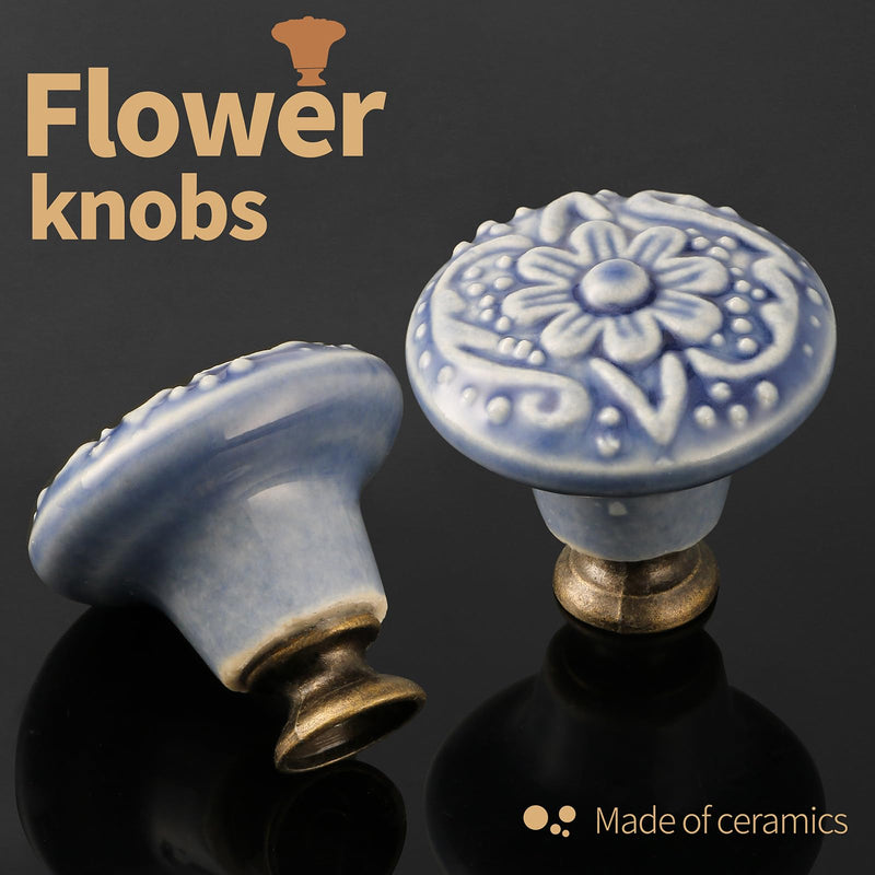 Greyish Blue Ceramic Knobs 10 Pack - Vintage Cabinet Knobs Retro Dresser Knobs - Flower Drawer Pulls with Screws for Closet Drawer Cupboard Cabinet and DIY Home Project Greyish Blue