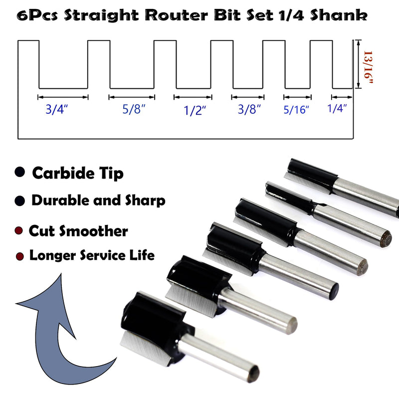 6Pcs Straight Router Bit Set 1/4 Shank, Double Flute Straight Bit Dado Straight Cut Router Bit, Cut Dia 3/4", 5/8", 1/2", 3/8", 5/16", 1/4", Straight Router Bit for Woodworking Groove by SICWOOD 6pcs straight bit 1/4 shank
