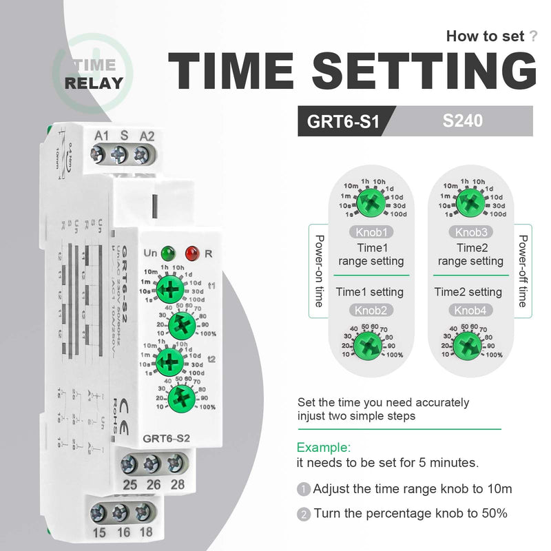 Asymmetric Cycle Timer Relay AC DC 24V-240Volt 10A, SPDT Mini Adjustable Repeat Cycle Time Relay Switch ON Off GRT6-S2, Electronic Timer Relay 10-Position from 1S to 1 Minute to 100 Days in Din Rai GRT6-S2 24-240V AC/DC 10A
