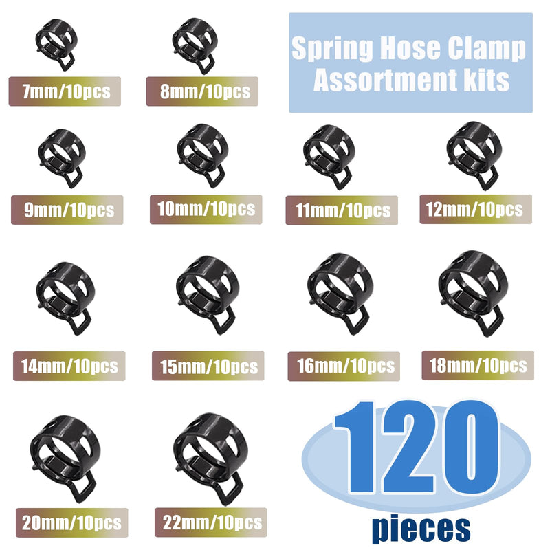 Tnisesm 121Pcs 7-22mm Spring Hose Clamp Assortment kits with Swivel Flat Band Fuel Hose Clamp Plier, Silicone Vacuum Hose Action Pipe Clamp Low Pressure Air Clip Clamp hoses clamps sleeving(Black) Black