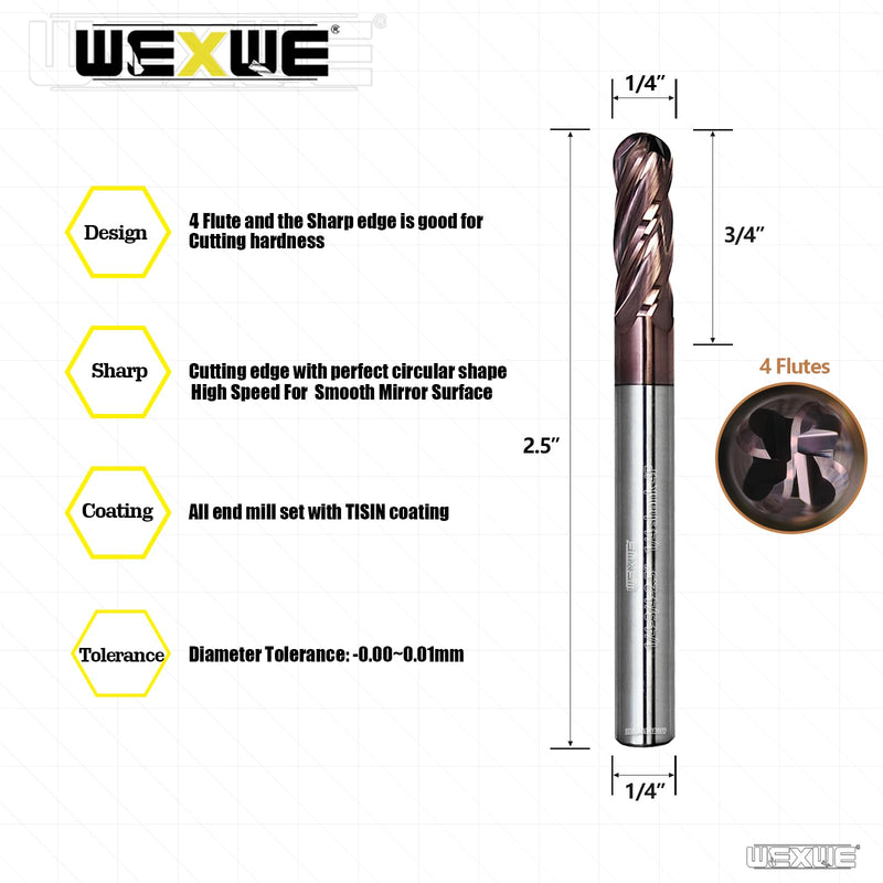 Tools Carbide Ball End Mill Bits, 4 Flutes TISIN Coating, Cutting for Alloy Steel, Hardened Steel Stainless Steel, 1/4" Shank,(1/4-2.5" 2pcs) 4 Flutes End Mill BALL 1/4-2.5" 2PC