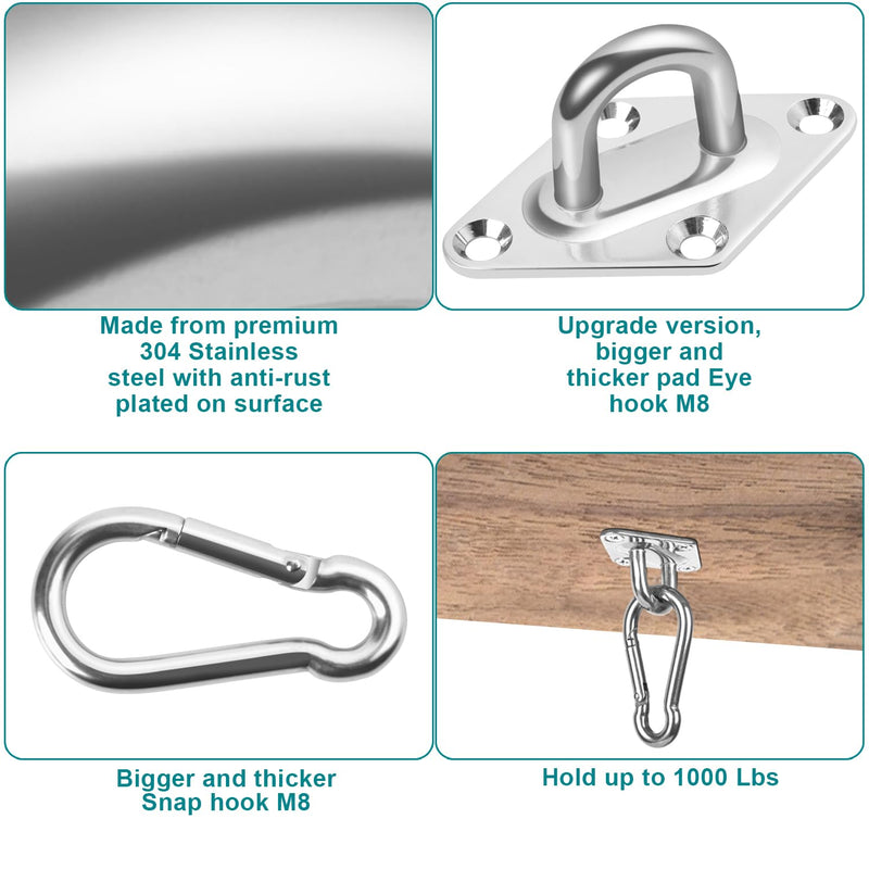 Heavy Duty Hammock Hanging kit - 1000 lb Capacity Swing Hooks, Ceiling Hooks for Wall/Ceiling Mount, Indoor & Outdoor - Stainless Steel (Medium) Medium