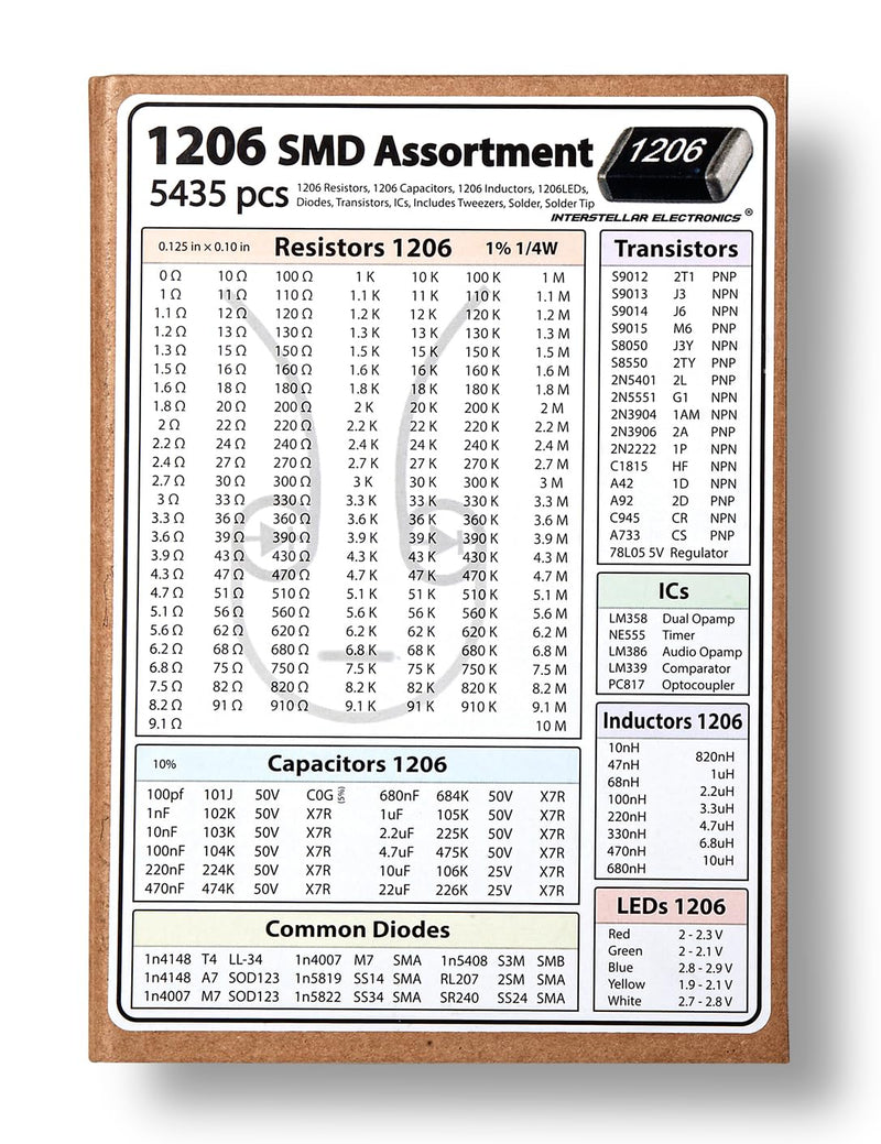 SMD 1206 Resistors, Capacitors, Transistors and Electronic Components Assortment Kit SMT Book - 5435 pcs