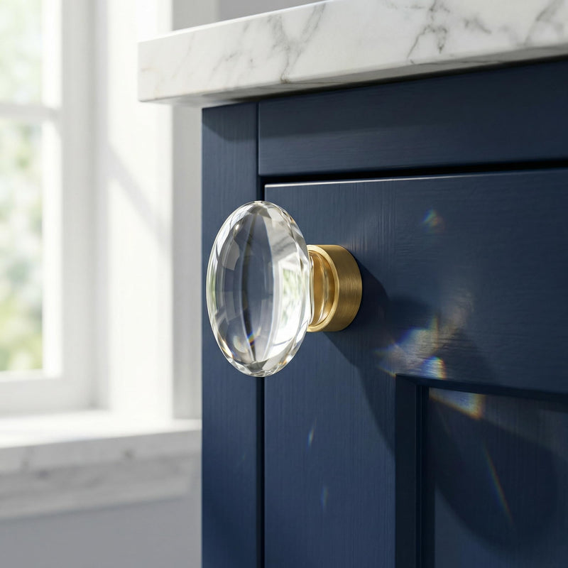 Jovenille-Solid Brass Crystal Glass Kitchen Cabinet Knobs 5 Pack, Oval Shape Glass Brushed Gold Drawer Dresser Knobs,Decorative Cupboard Wardrobe Pulls, Modern Cabinet Hardware for Bathroom