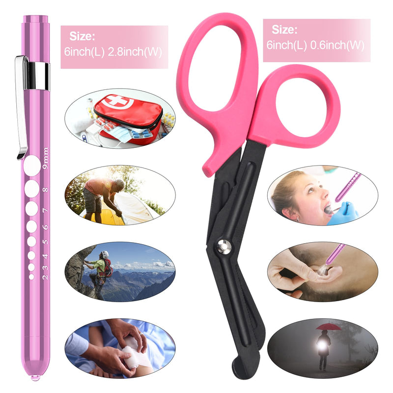 2 Pack Medical Scissors and Penlights for Nurses Medical Supplies with One Medical Pen light, One 6 inches Scissors Trauma Shears for First Aid EMT (Pink) Pink