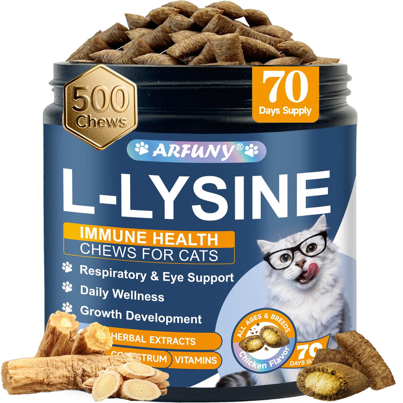 L-Lysine for Cats & Cat Lysine Chews - Support Immune Health, Normal Eye Function and Respiratory Health - 60ML Lysine for Feline Respiratory, Sneezing, Runny Nose, Eye Function - 500 Chicken Flavor