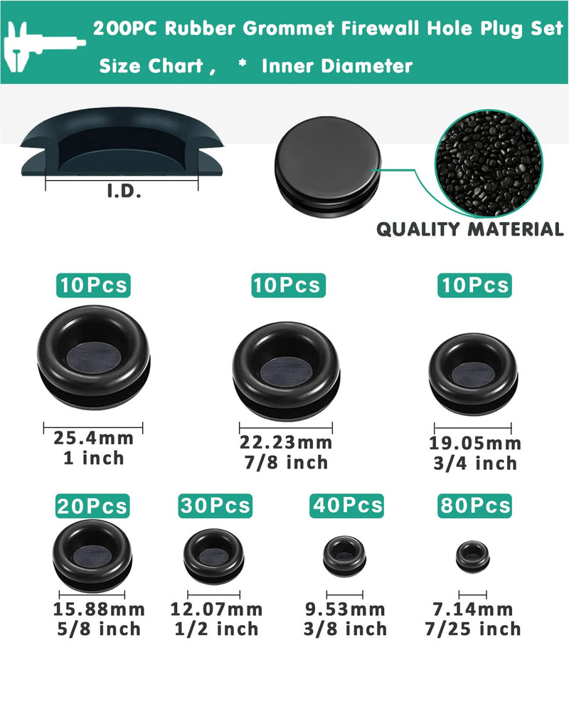 Rubber Grommet Kit 200 Pack - 7 Sizes Firewall Rubber Hole Plugs Rubber Grommets for Wiring, Automotive, Home Improvement Cord Pipe Wire Organization (7/25, 3/8, 1/2, 5/8, 3/4, 7/8, 1 inch) B