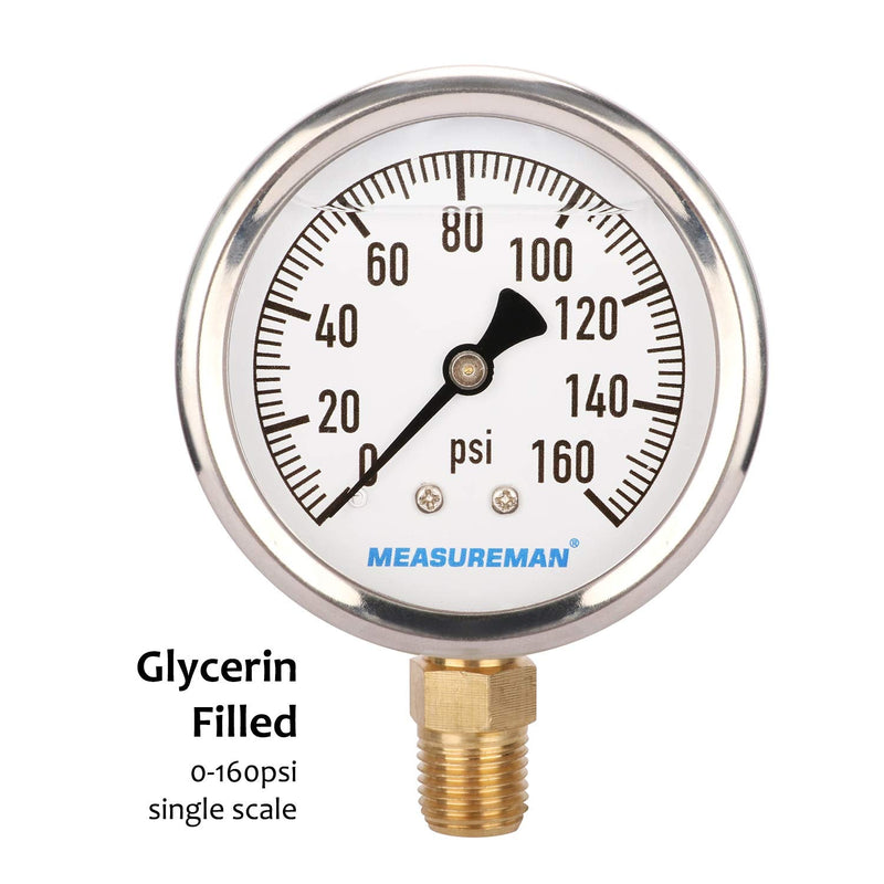 MEASUREMAN 2-1/2" Dial Size, Glycerin Filled Plumbing Pressure Gauge, 0-160psi, Stainless Steel Case, 1/4" NPT Lower Mount 0-160 psi