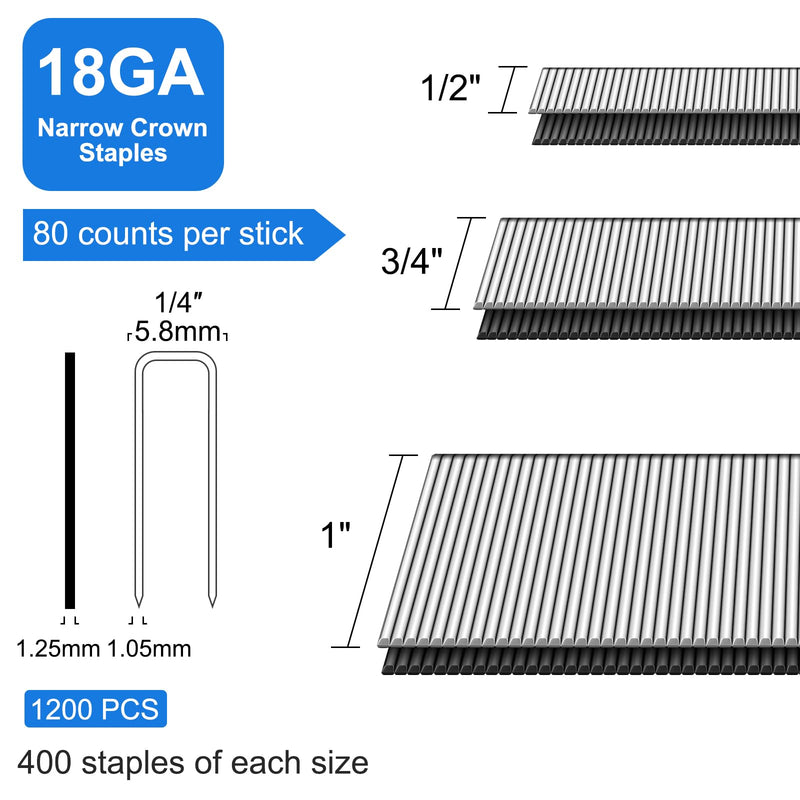 18 Gauge 1/4" Narrow Crown (1", 3/4", 1/2"), Assorted 1200 Counts for 18 GA Pneumatic or Electric Stapler or Staple Gun,Project Pack (304 Stainless Steel)