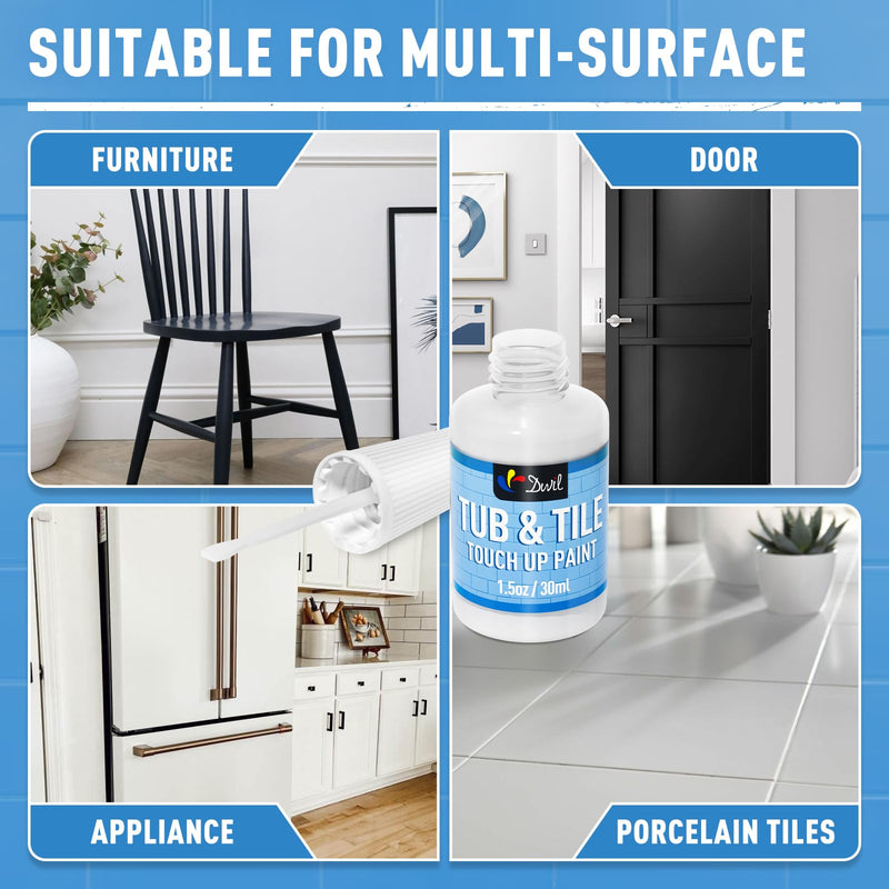 DWIL Tub and Tile Paint, White Paint for Bathtub, White Touch Up Paint for Porcelain, Scratches, Cracks and Spots on Tile, Quick Dry Porcelain Paint, Porcelain Repair Kit for Sinks, Enamel and Toilets, 1.5 Fl Oz(Semi White) Semi Gloss