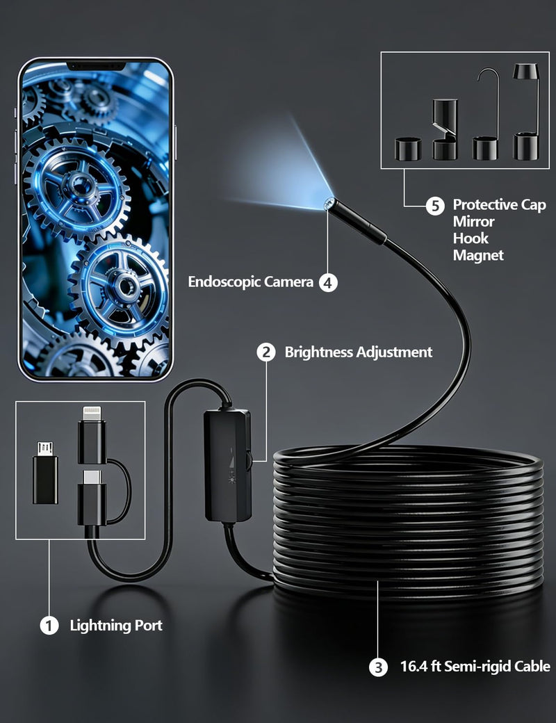 5.5mm Endoscope Camera, 1920P HD Borescope with 8 Adjustable LED Lights, Semi-Rigid Snake Cable, IP67 Waterproof, 16.4ft Single Lens for iOS & Android