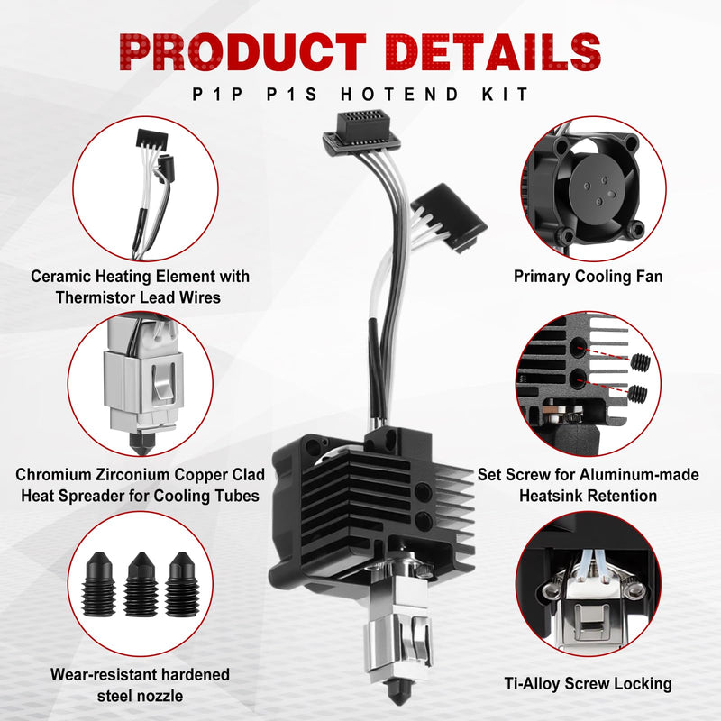 P1P P1S Hotend Kit, Full Assembly Hardened Hot End Print Head with 0.2/0.4/0.6mm P1 Nozzle, Cooling Fan, Thermistor, Ceramic Heater, Extruder Heating Block Replacement for P1 3D Printer