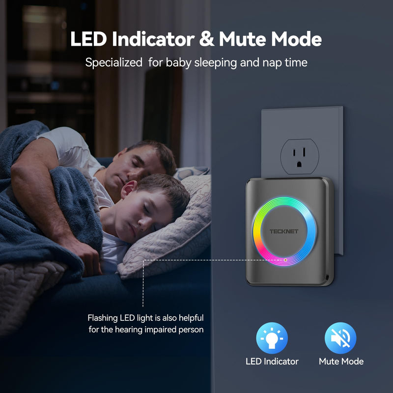 TECKNET Wireless Doorbells for Home, IP65 Waterproof 1,970Ft 120dB Door Bell Ringer Wireless for Classroom with 60 Chimes & 5 Volume Levels, RGB Flash Tarnish