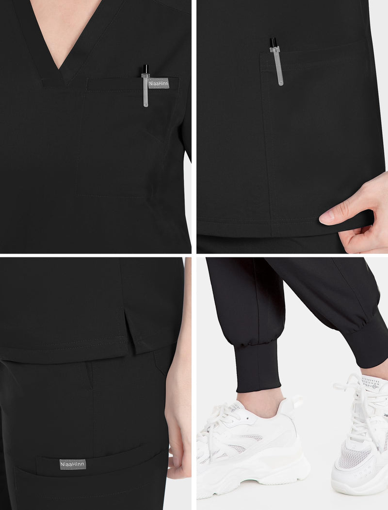 niaahinn Scrub for Women Scrubs Top with Classic V-Neck & Yoga Jogger Pants Medical Nursing Uniform Scrub Set Small Black