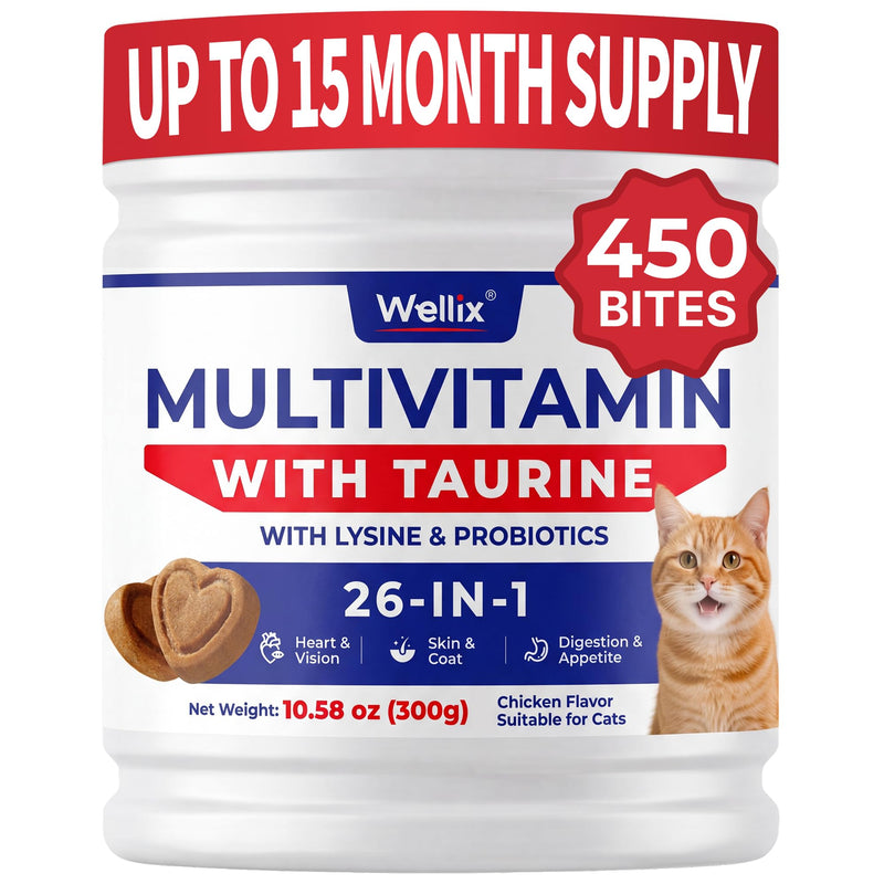 Wellix 26 in 1 Taurine for Cats Multivitamin Treats with L-Lysine for Immune, Joint Support Skin & Coat & Heart Health - Multivitamin, Omega 3, Taurine Supplement for Indoor & Senior Cat - 450 Bites