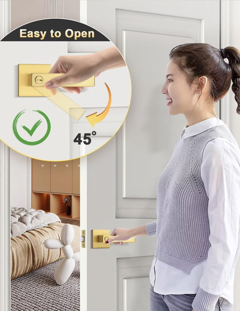 1 Pack Heavy Duty Gold Square Privacy Interior Door Levers, Satin Brass Finish, Bedroom and Bathroom Door Handles Keyless Bed/Bath Lockset 1 Pack Gold-Privacy