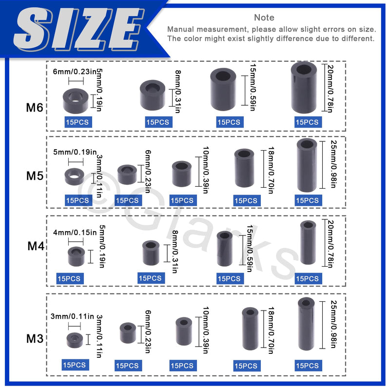Glarks 270Pcs Nylon Round Spacer Assortment Kit for M3 M4 M5 M6 Screws, Electrical Outlet Screws Spacers, Black ABS Round Washers Hardware Spacer Bracket for Electrical Screws Switch and Receptacle M3 M4 M5 M6 (Black)