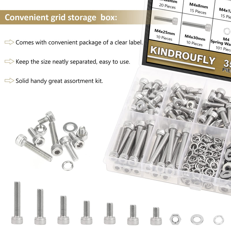 352 Pieces M4 x 6/8 /12/16 /20/25 /30mm Hex Socket Head Cap Screws Nuts Washers Assortment Kit, 304 Stainless Steel, Fully Machine Thread