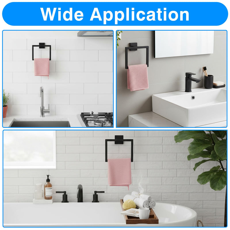 2 Pack Matte Black Towel Ring, Stainless Steel Hand Towel Holder, Modern Square Wall Mounted Bathroom Rack Hangers