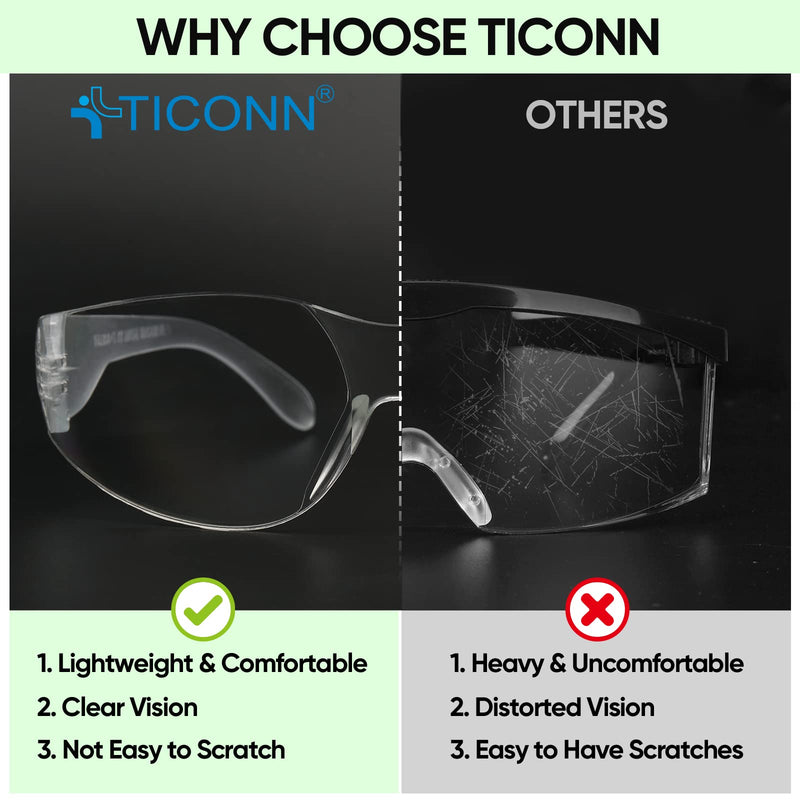 TICONN Clear Safety Glasses for Men, Safety Goggles with Scratch Impact Resistant Meets ANSI Z87.1 Standard 3 Pairs