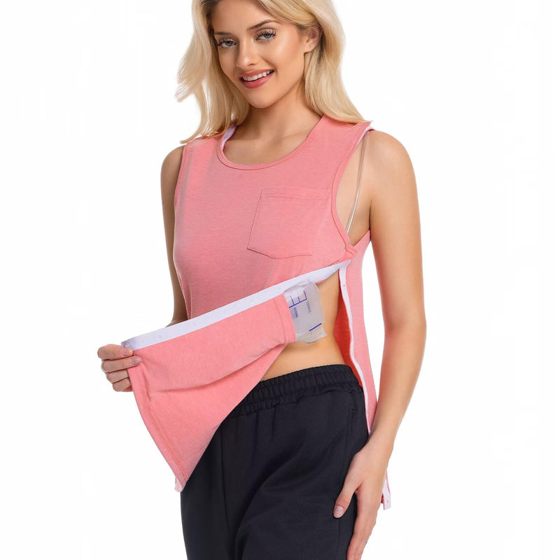 Womens Mastectomy Recovery Tank Top with Drain Pockets Post Shoulder Surgery Shirts Tear Away Shirt Sleeveless Pink Medium