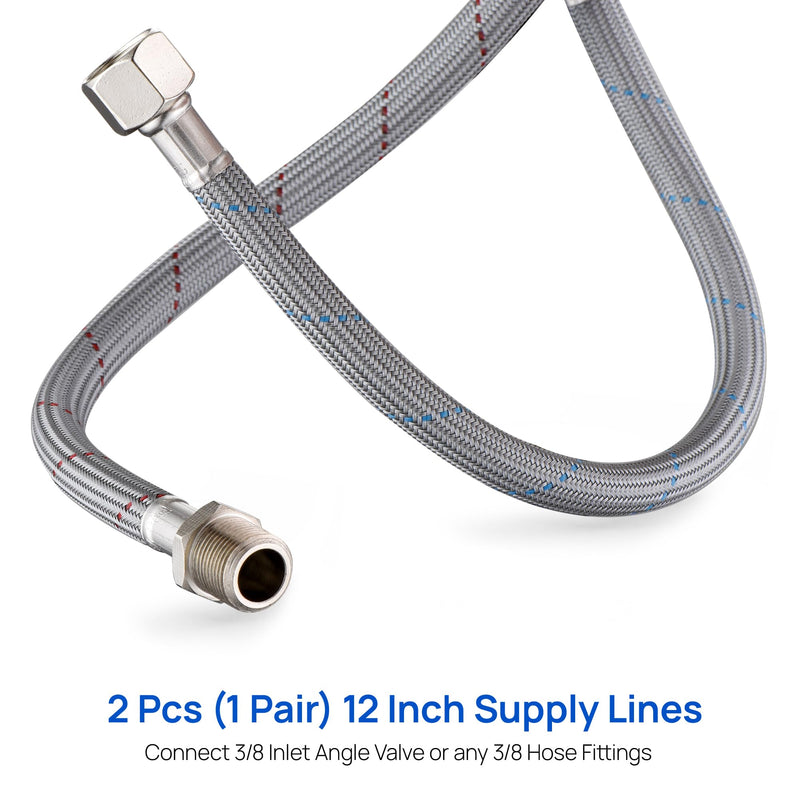 J-HVA Faucet Supply Lines Length 12" x G 3/8, 9/16 Female x 9/16 Male Thread Connector Braided Nylon Extension Hoses for Bathroom Kitchen Sink Faucet Hose Filter, 304 Stainless Steel Nut (1 Pair)
