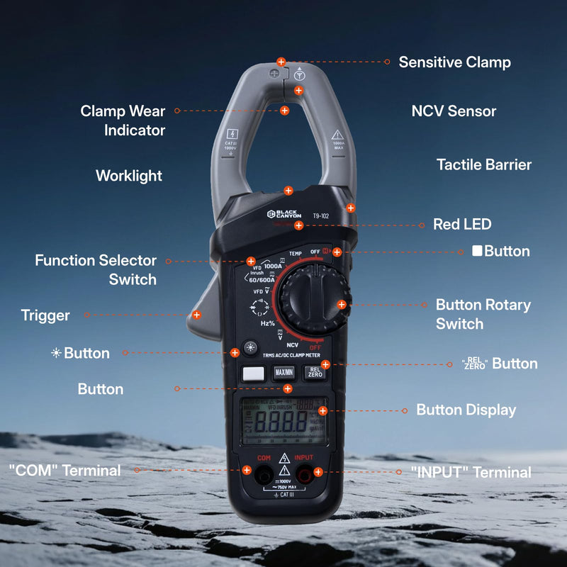 BLACK CANYON Digital Clamp Meter – TRMS AC/DC Clamp Multimeter 1000A, Amp Meter, DC Amp Meter, Inrush Current, Voltage, Resistance, Capacitance, Diode, Temp, NCV, Backlight LCD