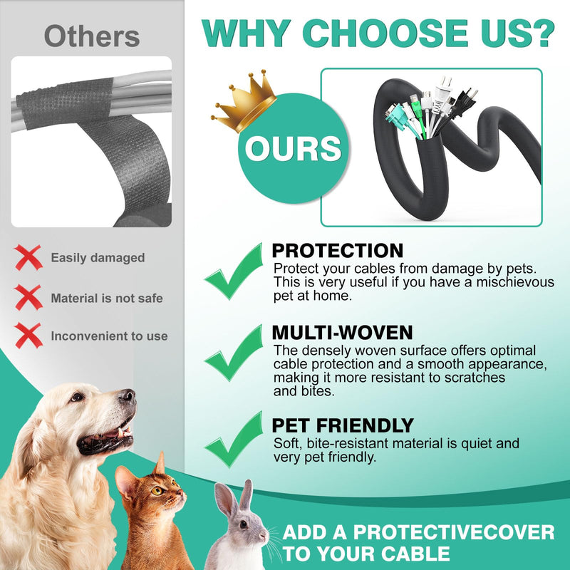 Dog and Cat Cord Protector 10ft - 3/8inch, Flexible Cable Sleeve for Easy Cord Management, Protects Cables from Pets Chewing, Ideal for USB, Power, Audio and Video Cords - Black 3/8"-10ft