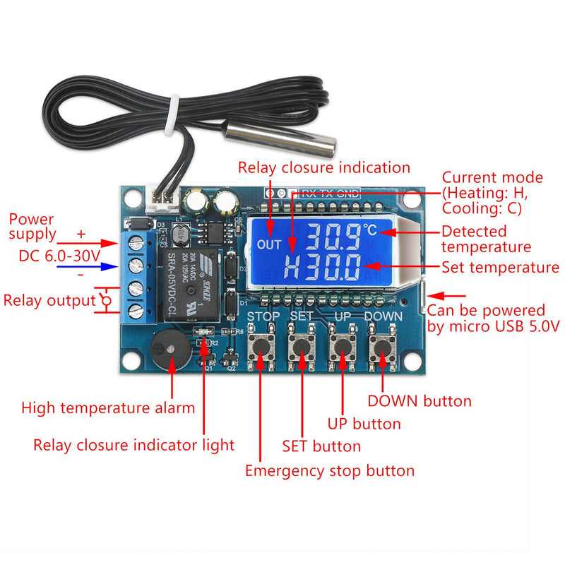 DROK Electronic Thermostat Controller, DC 6-30V 24V Digital Temperature Control Board -50 to +110 Degree Celsius High Accuracy LCD Digital Micro Temp Control Switch Module with Waterproof Sensor Probe 1