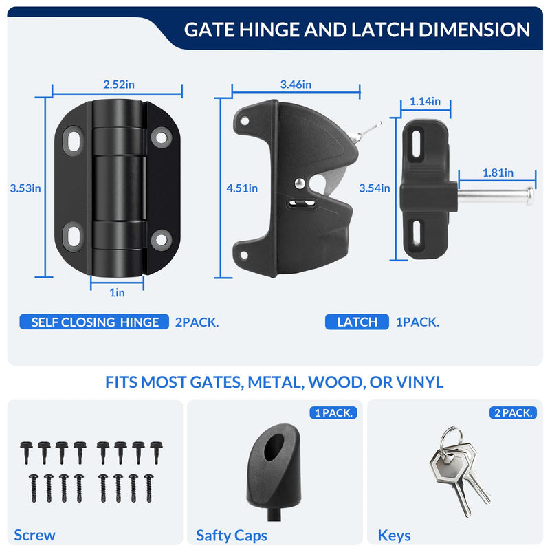 Egadis Premium Self-Closing Gate Hinges with Key Lockable Latch, Heavy-Duty Outdoor Gate Hardware Kit for Deck, Patio, Porch, Yard Gates Premium Gate Hinge + Latch