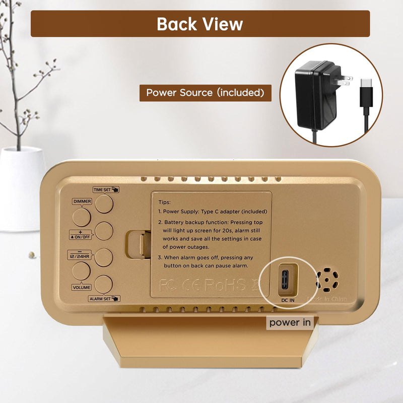Peakeep Slim Digital Mirror Aesthetic Alarm Clock for Bedrooms Desk Decor - Plug in Electric Big LED Modern Small Clock for Office Living Room, Battery Backup, 6 Dimmers (Gold) Gold With Mirror