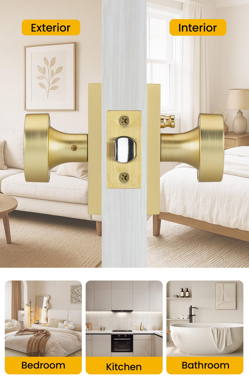 goldenwarm Gold Door Knob Interior, Heavy Duty Brushed Gold Interior Door Knobs for Bedroom Bathroom, Round Privacy Door Knob, Zinc-Alloy Rectangle Rosette Indoor Doorknob (1 Pack) 1 Pack