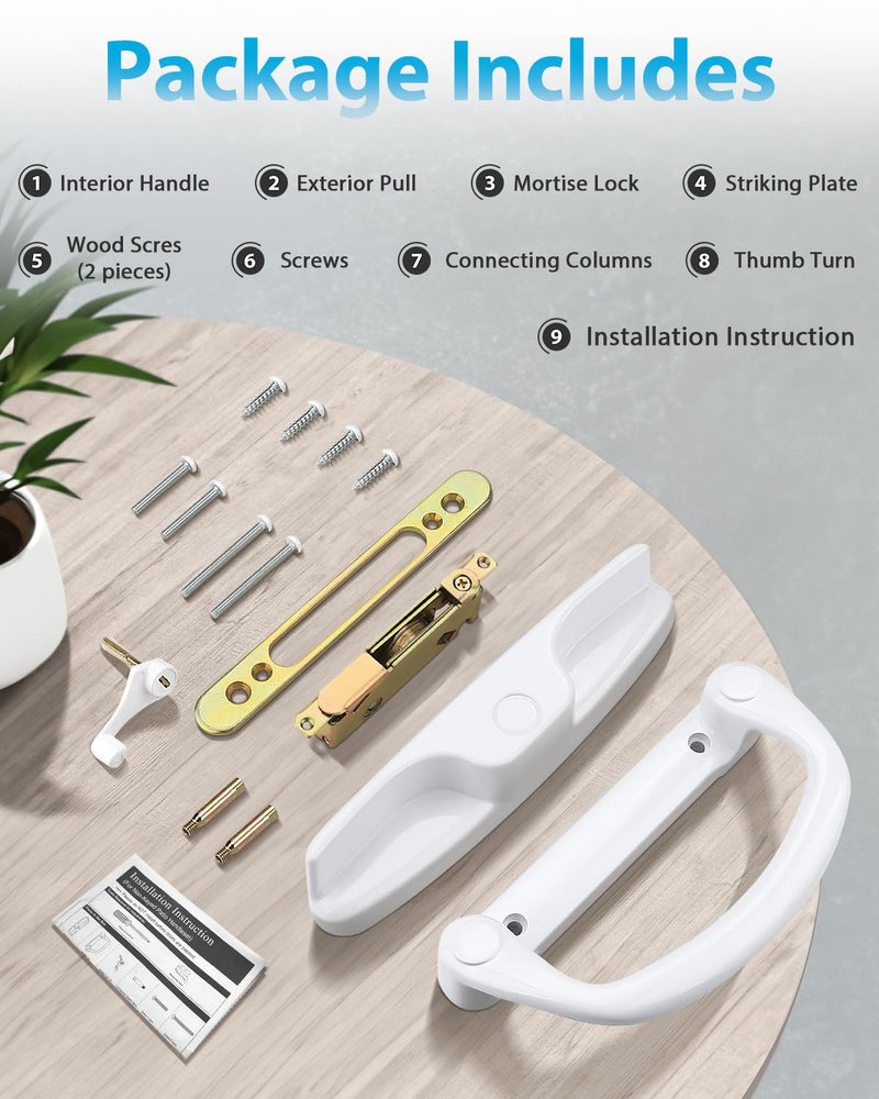 Probrico Patio Sliding Door Handle Set with Mortise Lock, Non-Keyed Sliding Glass Door Handles Replacement 45°, Reversible White Sliding Door Lock Set 3-15/16" Hole Spacing, 1" to 2" Thick Doors Handles(Non-Keyed) + Mortise Lock
