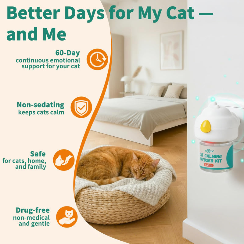 60-Day Cat Calming Diffuser with Pheromones – Cat Pheromone Diffuser for Cats, Helps Reduce Stress, Anxiety, Scratching & Urine Marking – 3-in-1 Calming Diffuser Set with 2 Refills